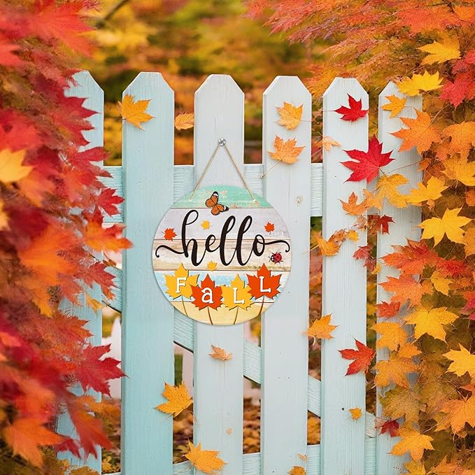 PETCEE Hello Fall Door Sign - 11.5" Farmhouse Maple Leaf Front Door Decor Welcome Hanger Wreaths for Home Office Autumn Fall Decor Wall Decorations Reusable Seasonal Sign for Kitchen Classroom Porch