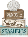 Yuntau 4 Pcs Summer Decorations for Home Beach Shells Wooden Tabletop Decor Summer Tiered Tray Decor Rustic Sand Castles Sunshine Seashells Block Sign Centerpiece Farmhouse Table for Shelf Office
