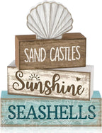 Yuntau 4 Pcs Summer Decorations for Home Beach Shells Wooden Tabletop Decor Summer Tiered Tray Decor Rustic Sand Castles Sunshine Seashells Block Sign Centerpiece Farmhouse Table for Shelf Office