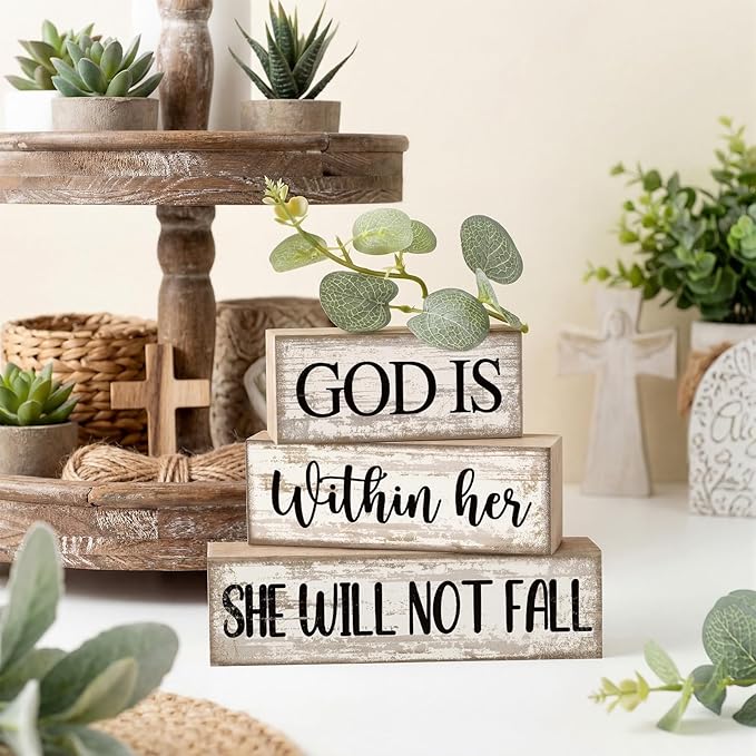 Lineshading 4 Pcs Christian Table Decor Inspirational Religious Gifts for Women God Is Within Her Bible Verse Wooden Block Signs Gift Farmhouse Christian Centerpiece for Mother's Day Home & Office