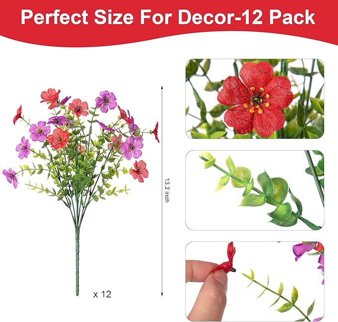Artificial Fake Flowers Plants for Outdoor Spring Decor, 12 Bundles Faux Silk Flowers for Outdoor Outside Planter Colorful Daisy UV Resistant Look Real for Front Door Porch Patio Yard(Red Purple)