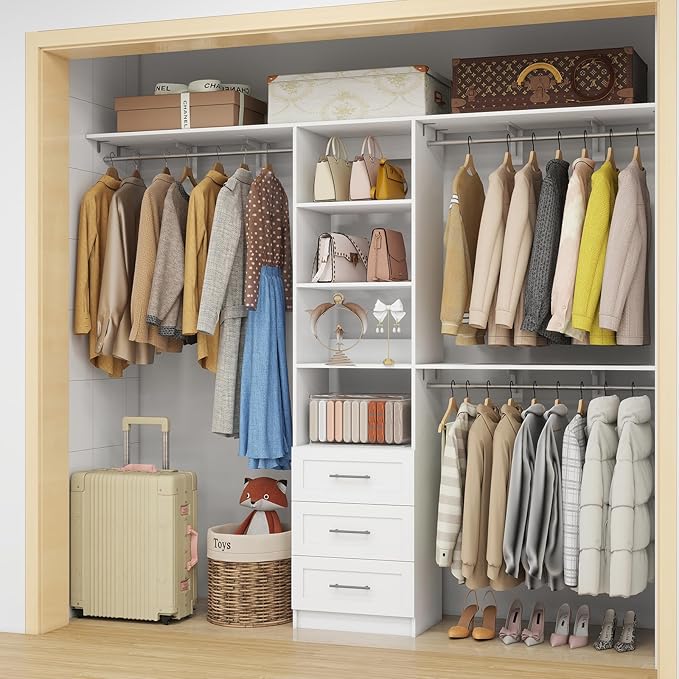 Dilando Closet Organizer System with Drawers, 5FT - 8FT Closet Shelving System 96" Walk in Wood Corner Closet Storage System with 4 Shelves Custom Hanging Rods Heavy Duty Wall Mount, White