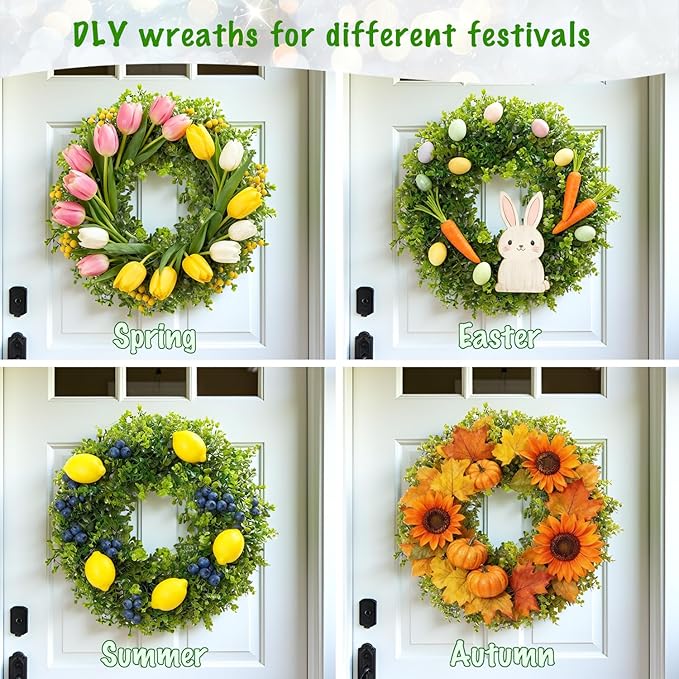 Hiptree 22 Inch Boxwood Wreath for Front Door-Artificial Spring Greenery Indoor Outdoor Wreaths Decorations, Farmhouse Wall Decor-Wedding,Summer, Fall, Winter,Easter, Green All Year Round,DIY Wreaths