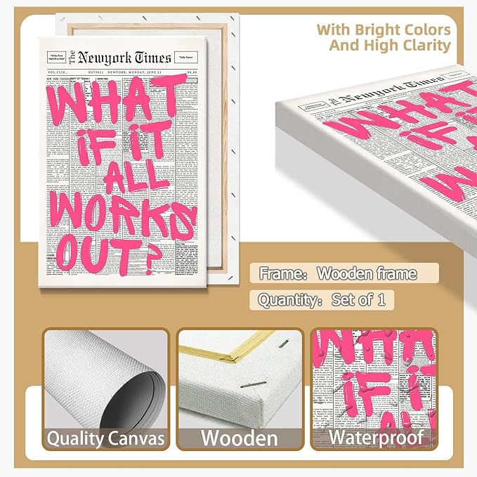 Drimiler Retro Newspaper Pink Font Poster What If It All Works Out Canvas Wall Art Positive Affirming Quote Minimalist Prints Painting For Home Bedroom Dorm Wall Decor 24x36in Wframed