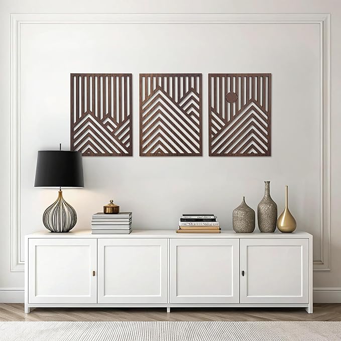 qmmp Modern Wooden Wall Sculptures - Set of 3 - Home Decor Accent - Large Wall Art for Living Room, Bedroom, Office - Easy Installation (Walnut, XLarge - Mountain and Sun)