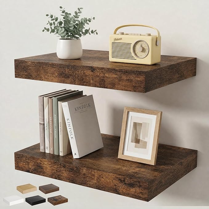 Floating Shelves for Wall 16 in x 9.3 in Deep, Wall Mounted Rustic Wood Shelf with Invisible Brackets for Storage & Display, Living Room Bedroom Bathroom, Brown, 2 Pack