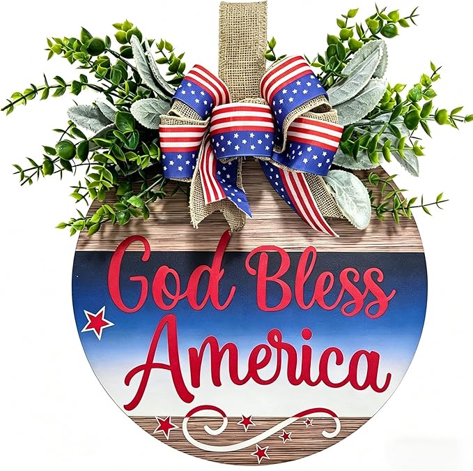 Memorial Day & 4th of July Patriotic Wreath, 12" Wooden Decor with Artificial Flowers, USA 250th Anniversary Sign for Front Door, Garden, Patios, Windows Decor (Color-Bless)