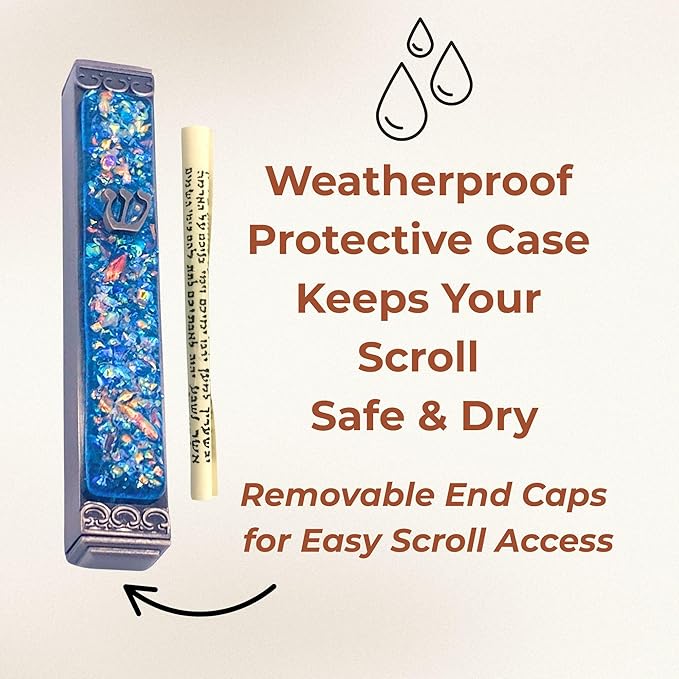 Sparkling Art Glass Mezuzah - Easy Mount Indoor or Outdoor - Weatherproof Metal Case - Gift Box and Non-Kosher Scroll Included - Hand Made in USA - Guaranteed for Life! (Sky)