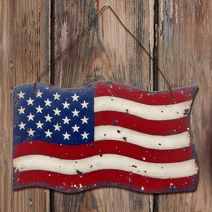 MorningRo Metal Patriotic American Flag Wreath for Front Door Vintage Red White Blue American Flag 4th of July Wall Art Sign Rustic 250 Anniversary Independence Day Hanging Plaque for Porch Outdoor