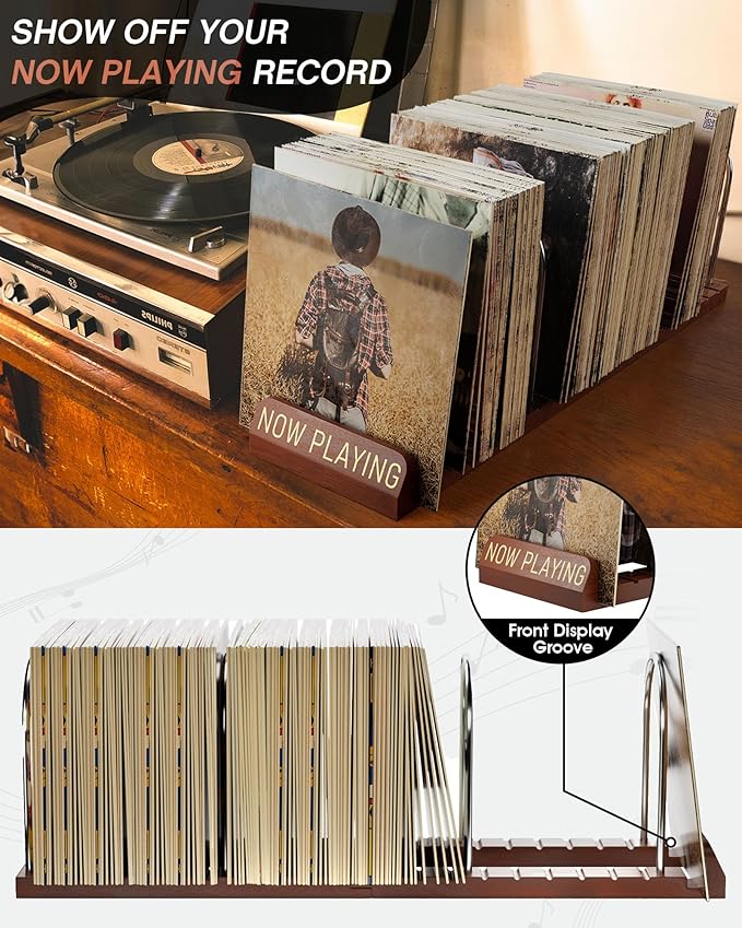 BS-VOG Now Playing Vinyl Record Stand, 150 LP Vinyl Record Storage with Non-slip Grooves, Wood Now Spinning Vinyl Record Holder for Albums Magazine Rack Organizer Record Display, Gift Package