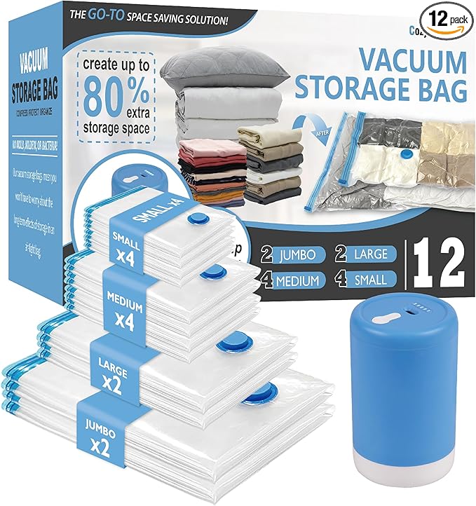 Cozy Essential Travel Vacuum Storage Bags with Rechargeable Cordless Electric Pump, Space Saver Bags for Luggage, Suitcase, Carry-On, for Clothes, Blankets, Comforters, Pillows, 12 Combo