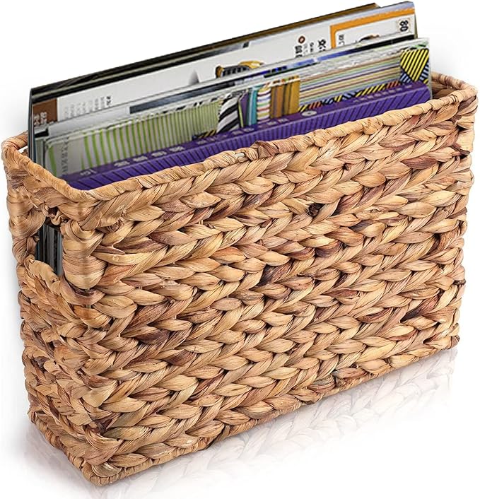Yesland Hand-Woven Narrow Water Hyacinth Holder Wicker Basket, 15.5 x 5.5 x 9.75 Inch Decorative Magazine Storage Basket Bin for Home, Office, Desk