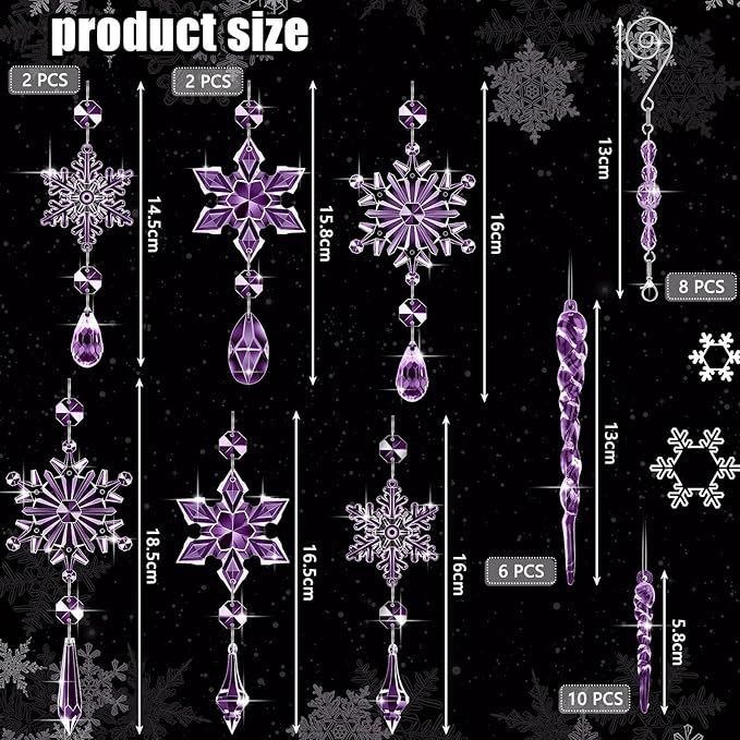 Giegxin 32 Pcs Crystal Christmas Ornaments Crystal Hanging Snowflakes Acrylic Xmas Tree Icicle Drop Decorations with Hooks for Christmas Snow Party Winter(Purple)