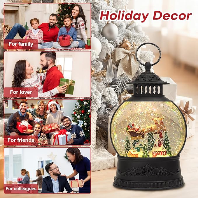 Christmas Snow Globe Water Lantern with Timer and Music, USB and Battery Operated Lighted Led Globe, Santa Snowglobe Table Decorations Indoor for Adults Home Holiday (Reindeer)