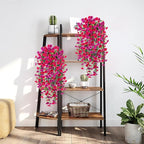 Artificial Hanging Petunias Flowers for Outdoor, 2pcs Fake Plants Long Vine Morning Glory Eucalyptus, UV Resistant Realistic Faux Greenery Outside Patio Porch Garden Spring Decor, Purple Hot Pink