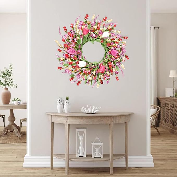 Sggvecsy Spring Summer Wreath for Front Door 22 Inch Artificial Colorful Flower Wreath with Colorful Tulips Greenery Leaves Lavender for All Seasons Home Farmhouse Indoor Outdoor Wall Decor (Mixed)