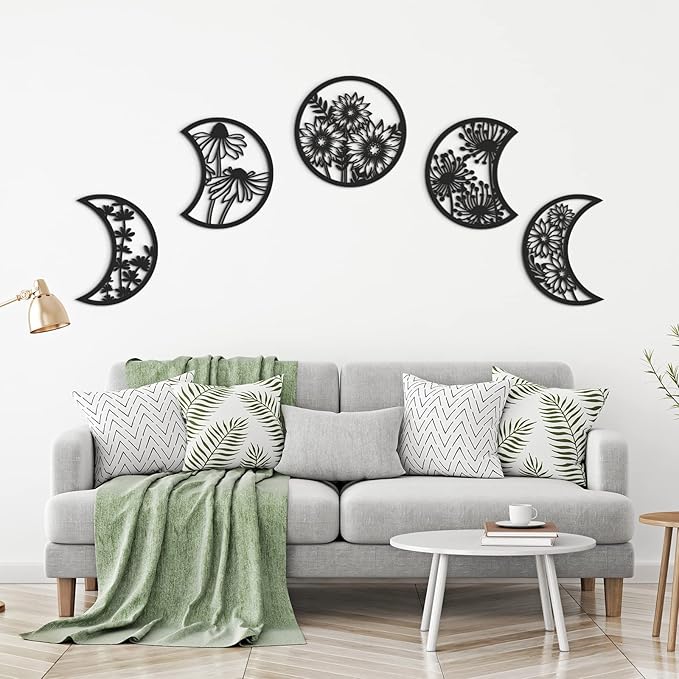 Jetec 5 Pcs Moon Phase Wall Art Decor Wall Pediments Hanging Wooden Phase Spiritual Bedroom Nordic Boho Lunar Aesthetic Art for Living Room Dorm Apartment Ornament (Black)