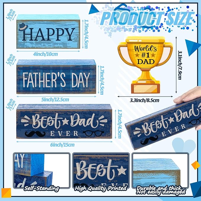 Yuntau 4 Pcs Father's Day Decorations Happy Father's Wooden Tabletop Tiered Tray Decor Rustic Best Dad Ever Trophy Block Table Sign Centerpiece for Farmhouse Shelf Office Birthday Party Gift