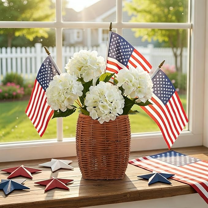 Riceshoot 4th of July Decoration Patriotic Door Hanger Basket Wreath for Front Door Woven Basket 250th Anniversary Hanging Sign with Artificial Hydrangea American Flag for Independence Day Table Decor