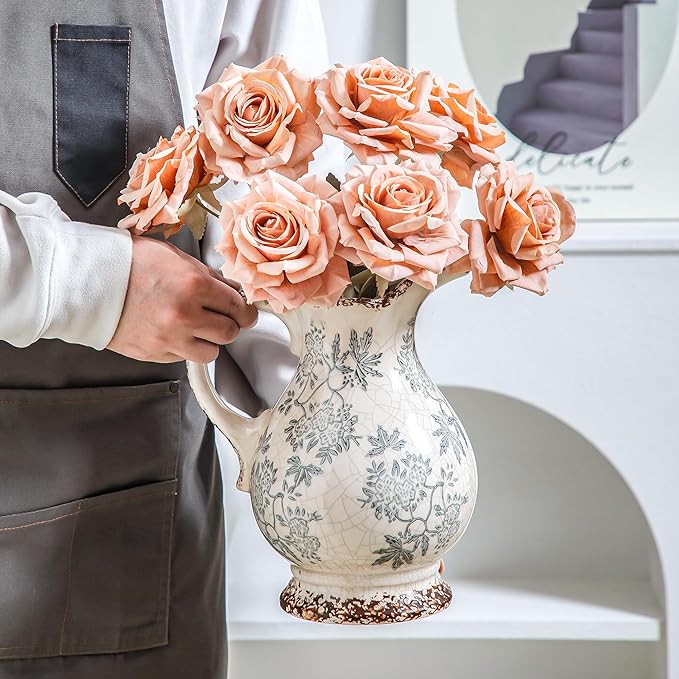 Enra Large Vintage Blue and White and Pitcher for Home Decor, 9.7 Inch Rustic Chinoiserie Decorative Vases, Green and Beige Ceramic Vases for Living Room, Kitchen, Office – Large Vases for Decor