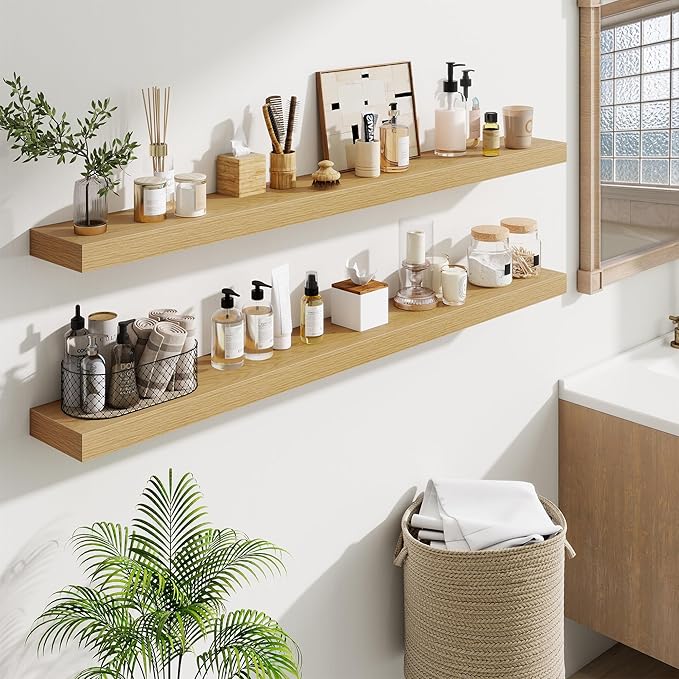 Fun Memories 55 Inch Floating Shelves Bedroom, Large Extra Floating Shelf Set of 2 with Invisible Brackets, Oak