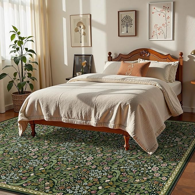 Moynesa Floral 10x14 Area Rugs for Living Room, Green Extra Large Rug for Bedroom Boho Washable Dining Room Rug, Non Slip Ultra Thin Soft Floor Carpet for Home Office Farmhouse, Green