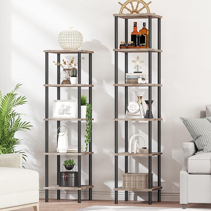 HOOBRO 6-Tier Corner Shelf, Corner Square Rack Display Shelf, Tall Storage Rack Plant Stand, Bookcase for Small Spaces, Living Room, Home Office, Kitchen, Greige and Black BG55CJ01