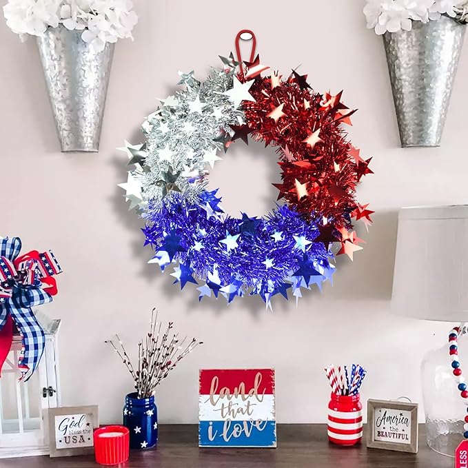 TORONTOKYO 3 Pcs Patriotic Tinsel Wreath for Front Door 11.81 Inch Red White Blue Memorial Day Wreath with Stars 4th of July Decorations for Independence Day Wall Home Farmhouse