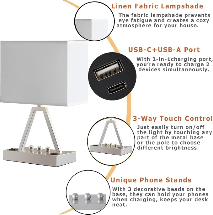 Briever Touch Control Table Lamp, 3-Way Dimmable Desk Lamp with USB C & A and AC Outlet, Bedside Lamp with Phone Stand and Fabric Shade for Bedroom, Living Room, Bulb Included, Silver