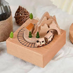 Natural Solid Wood Handcrafted Beech Wooden, Musical FigureTotoro/Carousel/Fairy/Ballerina Figurine,Rotating Hand Crank Mechanism Music Box,Musical Decorations (Mountain and Train)