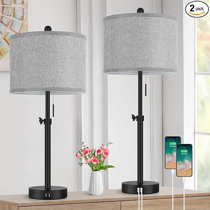 Kondras Table Lamps for Bedroom Set of 2, 23''-30'' Adjustable Height Bedside Lamps with 2 USB Ports, Black Nightstand Lamps with Grey Linen Shade, Modern Stylish Living Room Lamp Set with Pull Chain