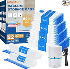 HOUSE DAY 22 Pack Vacuum Seal Bags For Clothing Travel, 80% Space Saving Travel Vacuum Bags with Electric Pump, Vacuum Storage Bags For Clothes, Comforters, Blankets, Moving, Storage & Organization