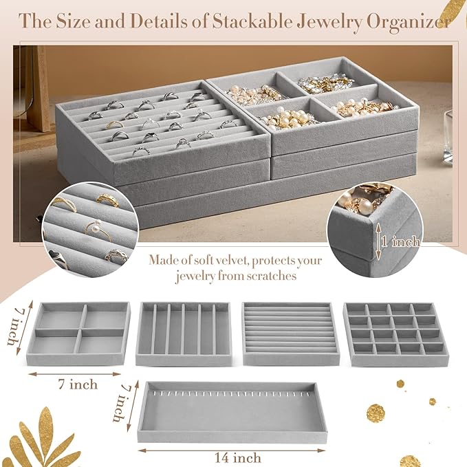 Set of 5 Stackable Jewelry Organizer Trays for Drawer 14 Inch Velvet Jewelry Drawer Insert Display Storage with Removable Divider for Necklace Earring Ring Watch Bracelet (Gray)