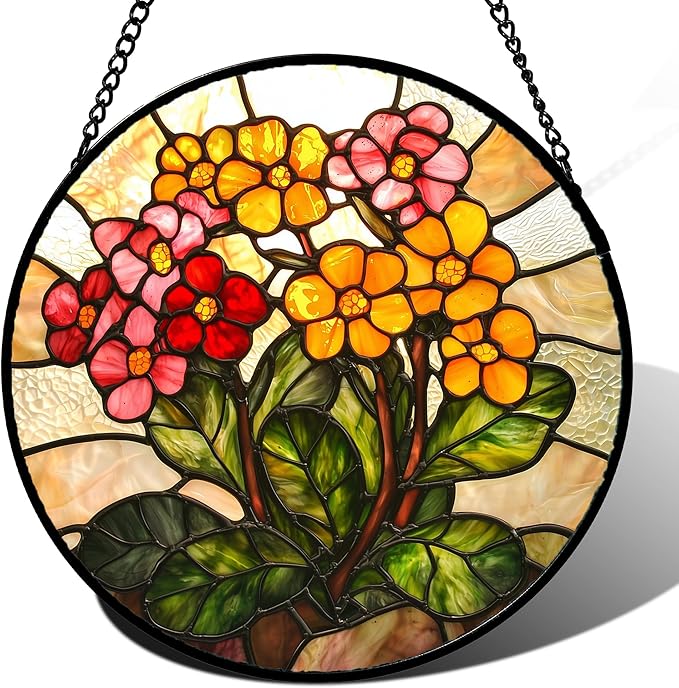 Stained Glass Window Hanging, Yellow Red Flowers Sun Catcher for Window Door Home Decor Green Plant Suncatcher Christmas Mother's Day Birthday Gifts for Women Men Mom and Nana 7.8 in