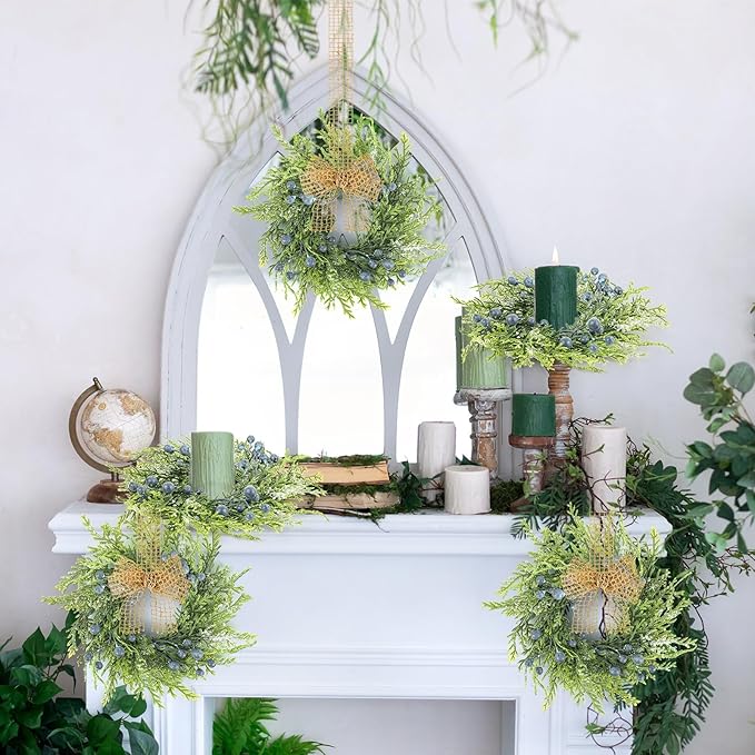 4 PCS Mini Blueberry Kitchen Cabinet Wreaths Artificial Spring Summer Farmhouse Hanging Wreaths Rustic Cedar Greenery Wreath with Burlap Bow for Front Door Cabinet Wall Window Wedding Home Decor