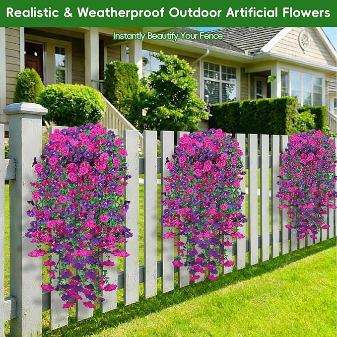 Artificial Hanging Flowers for Outdoors, 6 PCS Silk Morning Glory Artificial Flowers with Eucalyptus Leaves, UV Resistant Fake Flower Realistic Faux Plants for Home Patio Porch Garden, Purple+Fuchsia