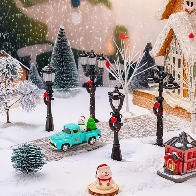 Vintage Blue Christmas Truck Decor – 4.9″Retro Die-Cast Metal Pickup with Snowman and Christmas Tree Figurines for Xmas Town Village Accessories Set Display Home indoor Decoration Gift(Xmas-Blue)