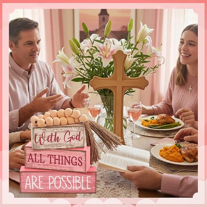Lineshading 4 Pcs Christian Table Decor Pink Rustic Wooden Block Sign Set with God All Things are Possible Farmhouse Stacked Decor with Beaded Garland Tassel Christian Home Decors for Office, Shelf
