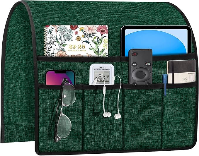 Joywell Chair Remote Holder for Couch Recliner Armrest Organizer Non Slip Sofa Armchair Caddie with 6 Pocket Storage for Magazine, Tablet, Phone, iPad, Dark Green