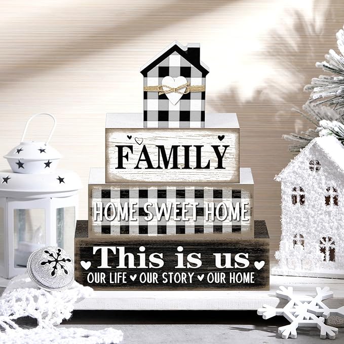 Cinnvoice 4 Pcs Farmhouse Tabletop Decor Rustic Family Blessed Home Table Centerpiece This Is Us Sign for Kitchen Shelf Desk Fireplace Mantel Tiered Tray Decor(Buffalo Plaid Family)