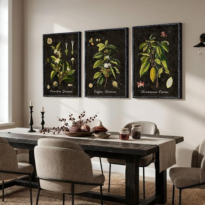 Large Vintage Framed Botanical Wall Art for Living Room, 3 Piece Dark Green Plant Canvas Paintings Prints, Retro Coffee Botanical Leaf Pictures for Dining Room Coffee Bar Kitchen Wall Decor, 24x36 In