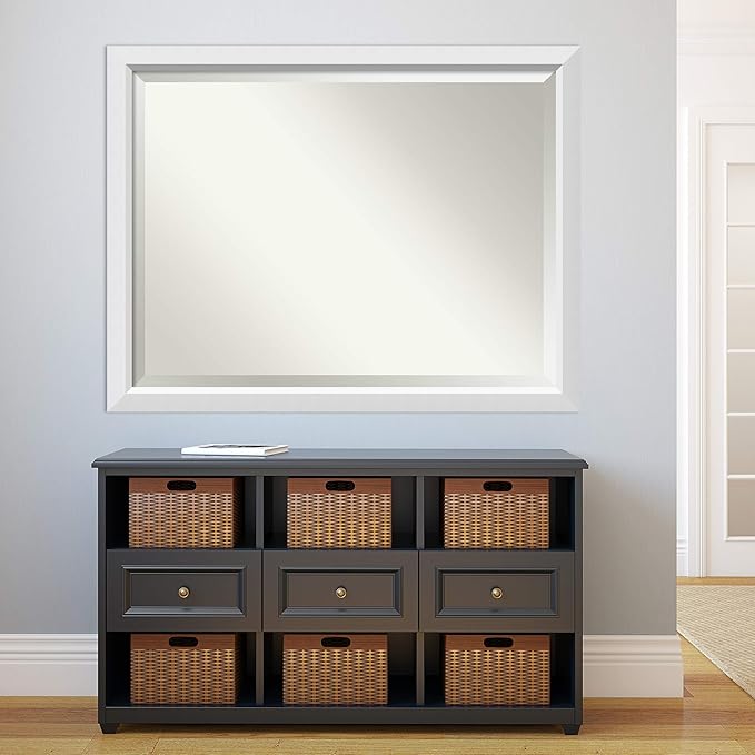 Amanti Art White Wall Mirror 34x44 Blanco White Rectangle Bathroom Mirror for Wall Decor Living Room, X-Large Modern Wood Frame, Hangs Horizonally and Vertically, Bathroom Decor, Beveled Edge