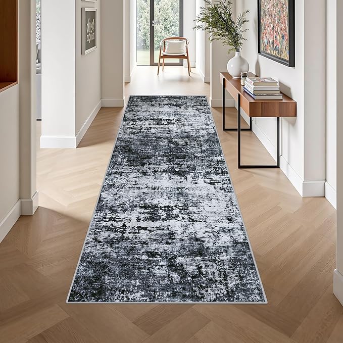 Washable Area Rug 3x10 Entryway Rug: Washable Modern Abstract Soft Thin Rug Indoor Floor No Slip Stain Resistant Carpet for Bedroom Dining Room Farmhouse Nursery Home Office - Black
