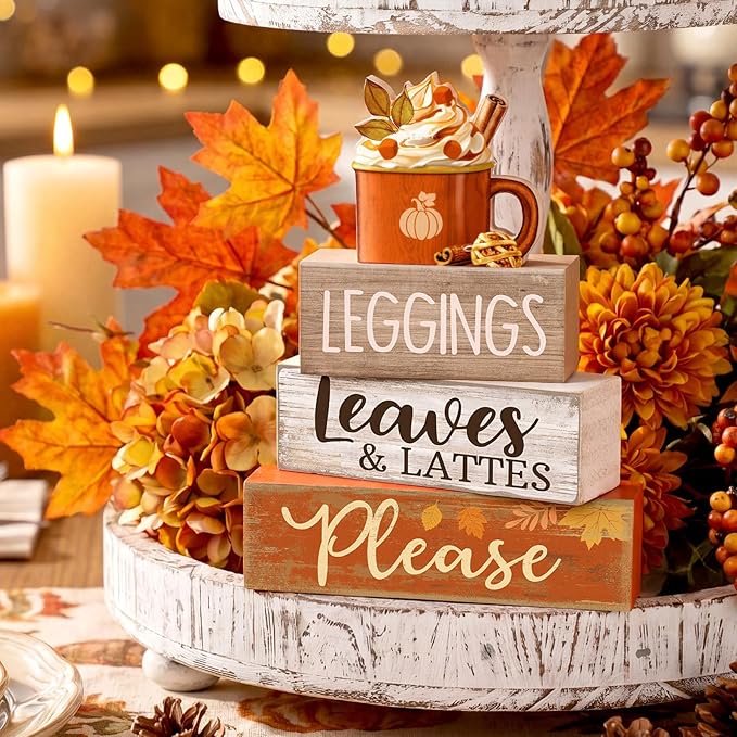 Lineshading 4 Pcs Fall Coffee Table Decor Fall Decoration for Home Wooden Stacked Block with Pumpkin Latte Topper Rustic Thanksgiving Tiered Tray Decor for Harvest Party Home Kitchen Coffee Bar Shelf