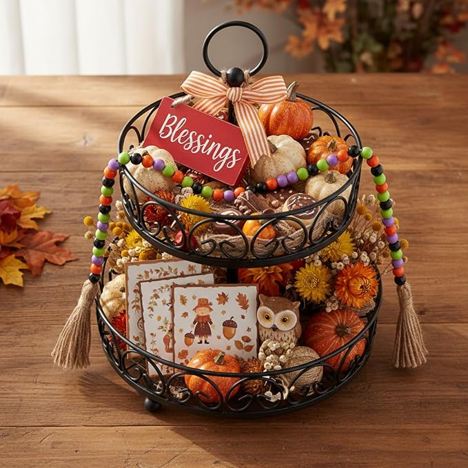 Equsion Seasonal Wooden Bead Garland with Tassels, 3.3 ft Holiday Vintage Boho Bead Garland Easter Tray Decoration, Vase Wall Room Art Birthday Party Decoration(Halloween Colors)
