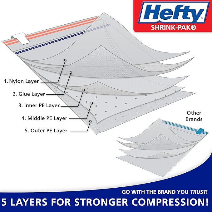 Hefty Shrink-Pak Large Travel Bags - Airtight Storage Bags for Maximum Space Saving, Travel Essentials, Ideal for Packing, Durable, Reliable Compression with Sealed Protection