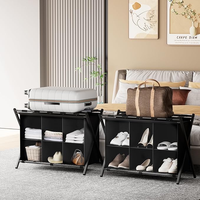 Luggage Rack for Guest Room, Folding Suitcase Stand with 6-Cube Fabric Storage Shelf, Luggage Holder, Steel Foldable Luggage Stand for Guest Room, Bedroom, Hotel, Black