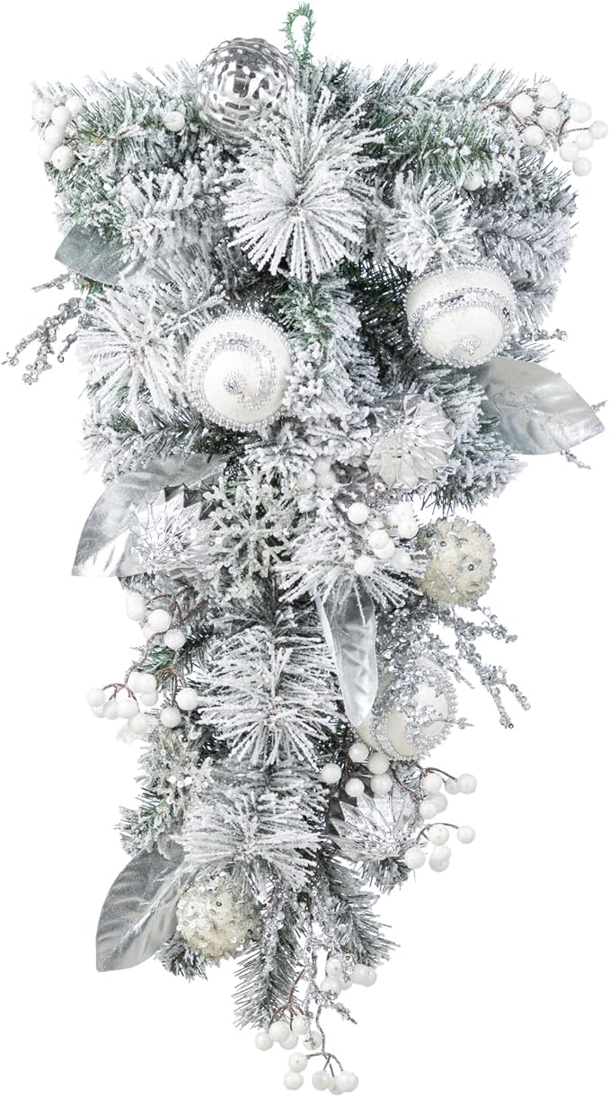 Glitzhome Silver White Christmas Teardrop Swag, 30 Inch Frosted Berry Ornament Garland Indoor Holiday Elegant Door Hanging Display with Ring for Fireplace Mantle Staircase Entryway