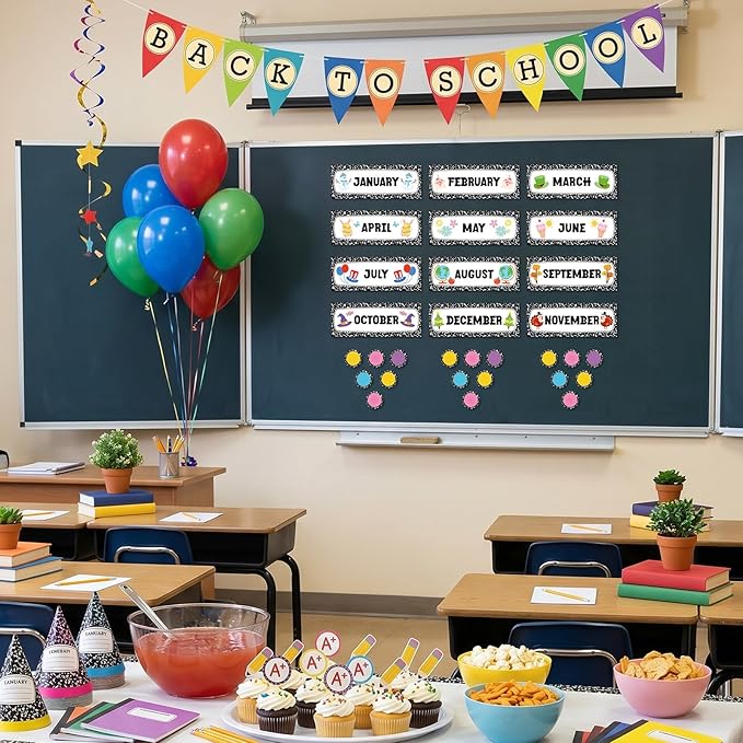 Zonon 48 Pcs Months of the Year Bulletin Board Set 12 Monthly Headliners Holiday Seasonal Monthly Bulletin Board Borders with 36 Round Blank Confetti Cutouts for Classroom (Trendy Style)