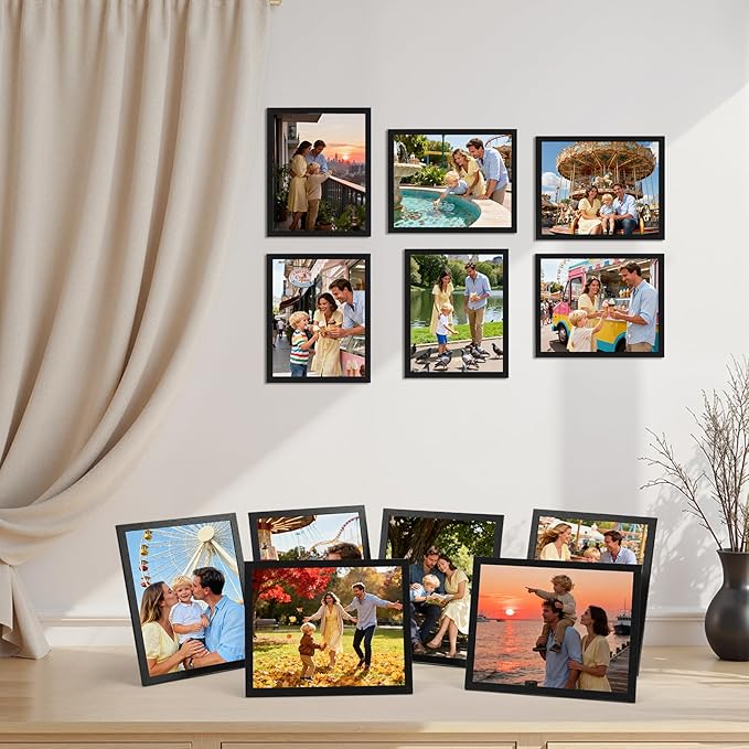 Lyeasw 8x10 Picture Frames Black 12 Pack, Matted Wood Grain Lightweight 8 x 10 Photo Frames for Wall Collage and Desk & Home Decor, with Horizontal or Vertical Placement.